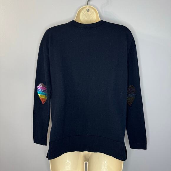 Lisa Todd Patch V-Neck Cotton/Cashmere Sweater Sequin Elbow Patches Navy XS - Picture 12 of 14